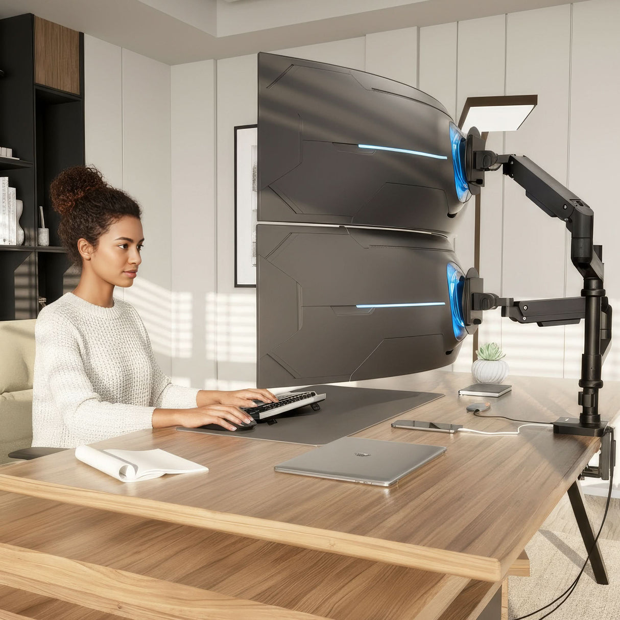Heavy-Duty Dual Stacking Monitor Mount with Pole & Gas Spring Arms A woman works at a neat desk using a keyboard and mouse, facing two large monitors mounted on the Mount-It! Heavy-Duty Dual Stacking Monitor Mount with Pole & Gas Spring Arms. A closed laptop, notepad, and small potted plant complete the workspace.