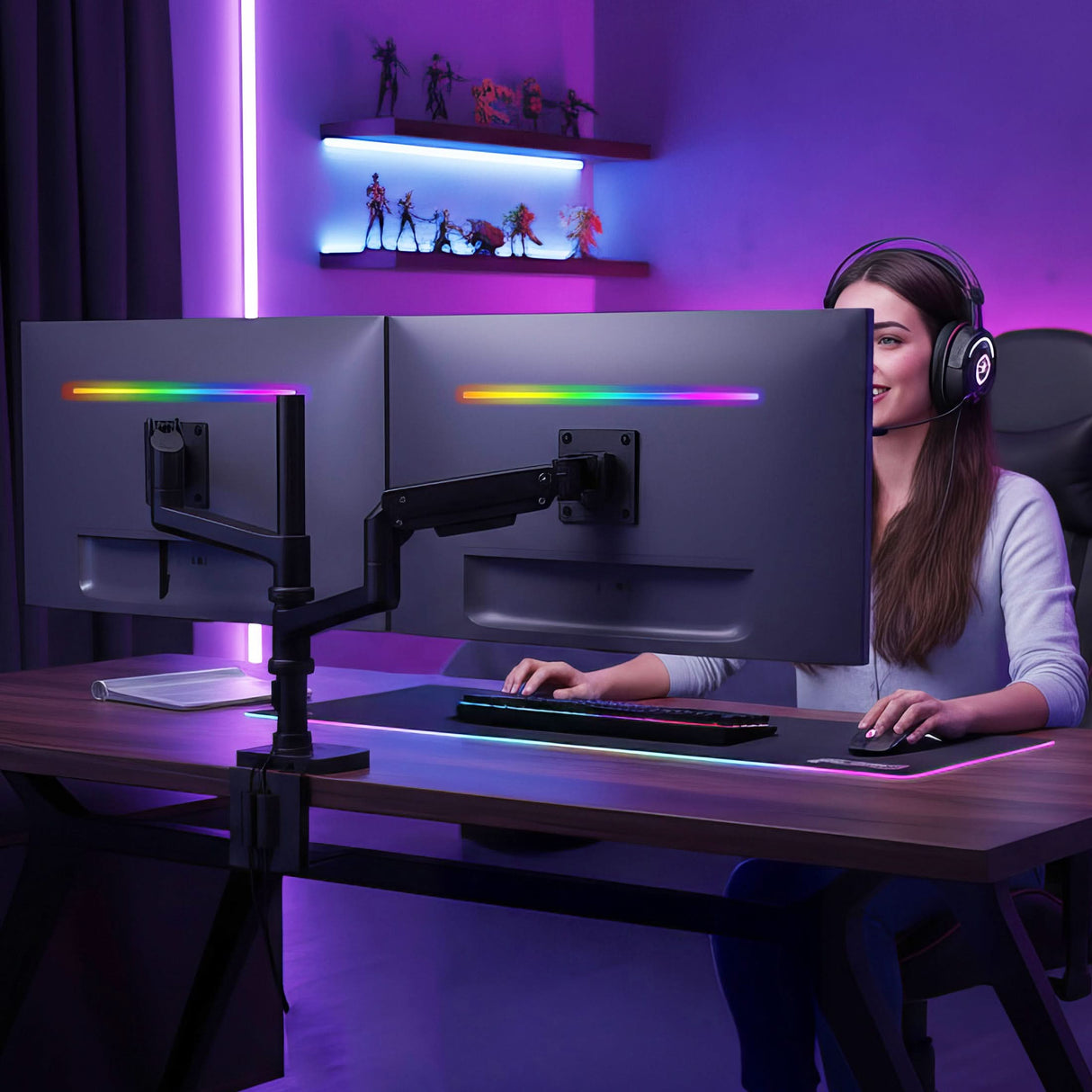 Heavy-Duty Dual Stacking Monitor Mount with Pole & Gas Spring Arms A woman in headphones sits at a desk using the Mount-It! Heavy-Duty Dual Stacking Monitor Mount with Pole & Gas Spring Arms, surrounded by colorful LED lights. Shelves with action figures and neon accents create a modern, gaming-inspired workspace.