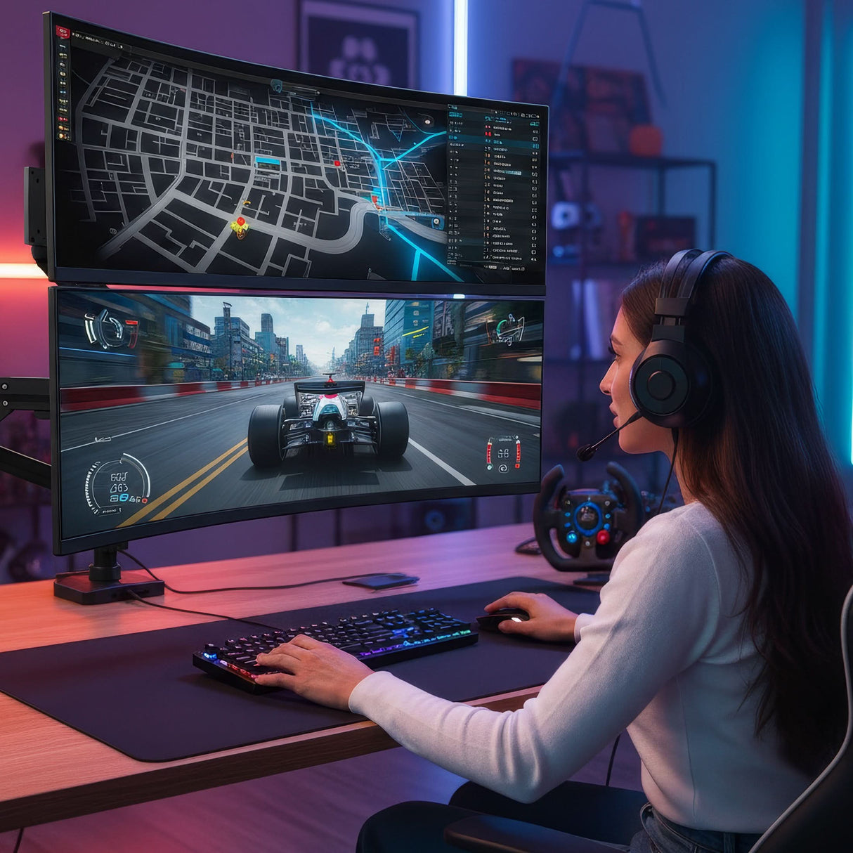 Heavy-Duty Dual Stacking Monitor Mount with Pole & Gas Spring Arms A woman with a headset races on one screen and views a city map on another, both mounted on the Mount-It! Heavy-Duty Dual Stacking Monitor Mount with Pole & Gas Spring Arms. Colorful LED lights illuminate the gaming room.
