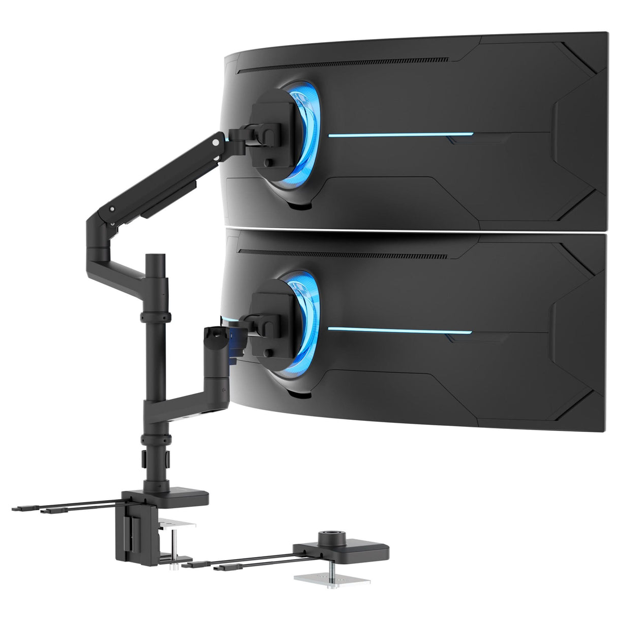 Heavy-Duty Dual Stacking Monitor Mount with Pole & Gas Spring Arms The Mount-It! Heavy-Duty Dual Stacking Monitor Mount with Pole & Gas Spring Arms securely holds two monitors vertically, offering full motion flexibility and blue LED accents, all clamped to your desk for a sleek workspace.