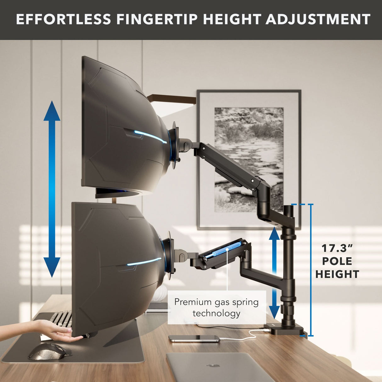 Heavy-Duty Dual Stacking Monitor Mount with Pole & Gas Spring Arms The Mount-It! Heavy-Duty Dual Stacking Monitor Mount with Pole & Gas Spring Arms holds two large curved monitors, one above the other, with effortless fingertip height adjustment and a 17.3" pole for full motion flexibility.
