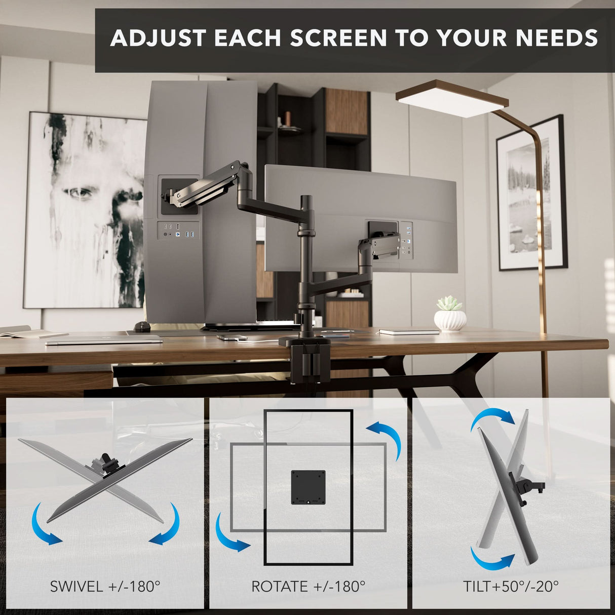 Heavy-Duty Dual Stacking Monitor Mount with Pole & Gas Spring Arms The Mount-It! Heavy-Duty Dual Stacking Monitor Mount with Pole & Gas Spring Arms offers full motion: swivel ±180°, rotate ±180°, tilt +50°/-20°. Adjust each screen for a perfect vertical workspace in any modern office.
