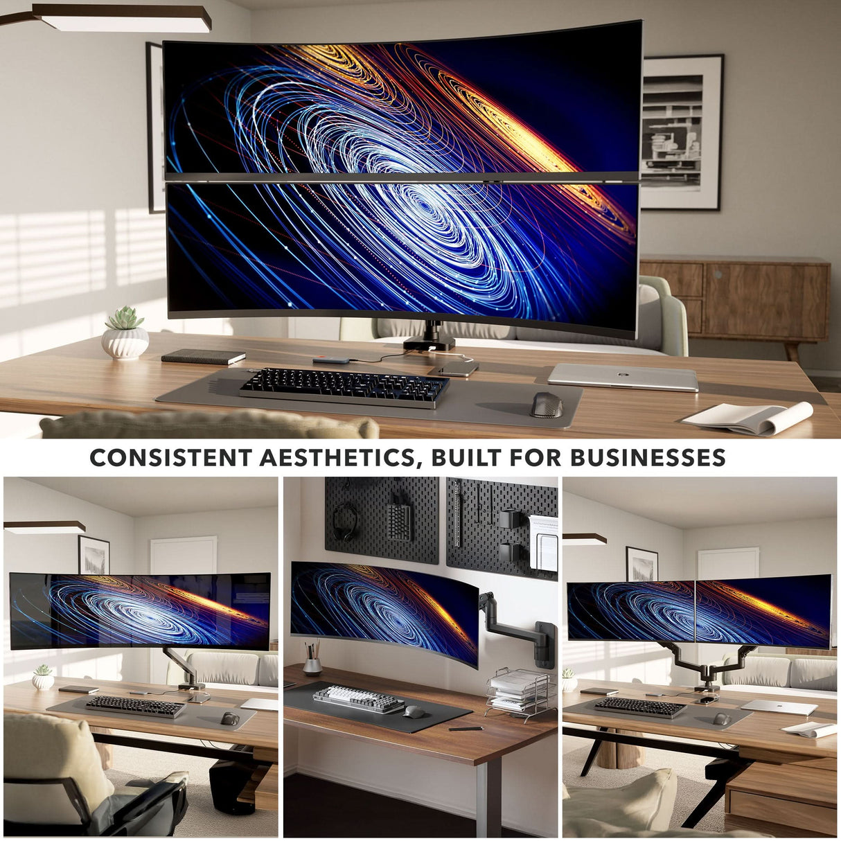 Heavy-Duty Dual Stacking Monitor Mount with Pole & Gas Spring Arms A modern office setup features the Mount-It! Heavy-Duty Dual Stacking Monitor Mount with Pole & Gas Spring Arms, supporting two large monitors above sleek desk accessories. Three more views show similar organized, stylish workstations.