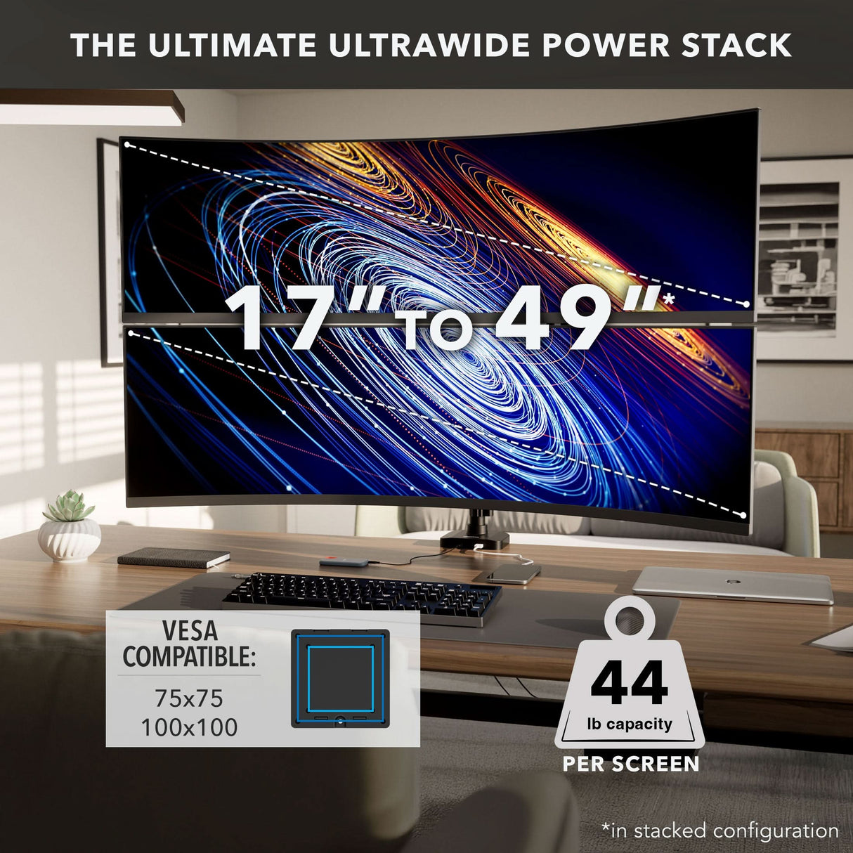 Heavy-Duty Dual Stacking Monitor Mount with Pole & Gas Spring Arms A Mount-It! Heavy-Duty Dual Stacking Monitor Mount with Pole & Gas Spring Arms securely holds curved ultrawide monitors (17–49", up to 44 lbs) with full motion, VESA 75x75/100x100, perfect for a modern office setup.