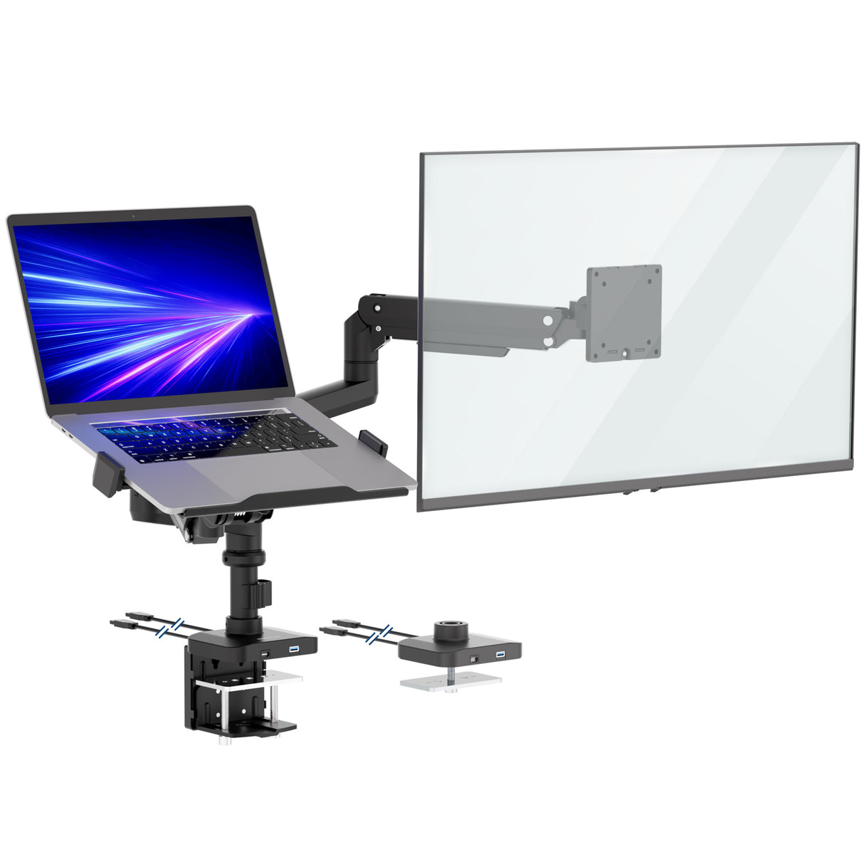 The Mount-It! Heavy-Duty Monitor and Laptop Mount with Pole and Gas Spring Arms holds a laptop (left, displaying blue light streaks) and a large flat screen (right, blank), both on adjustable arms with a desk clamp.