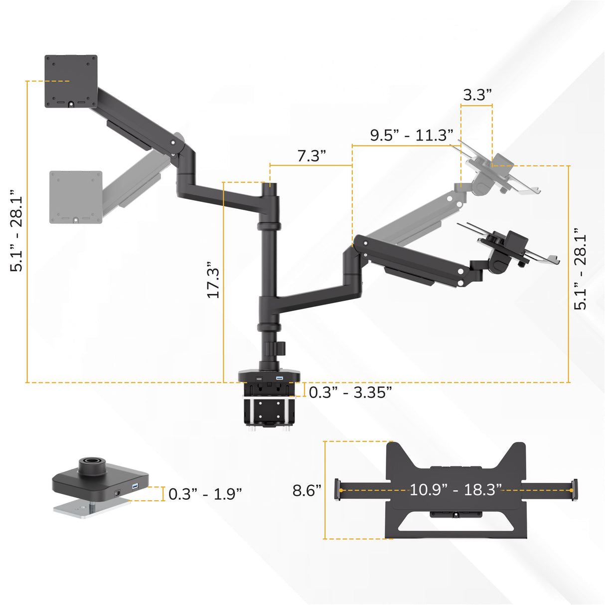The Mount-It! Heavy-Duty Monitor and Laptop Mount features pole and gas spring arms, adjustable joints, and mounting options. Arm height reaches 28.1", monitor mount width is 10.9–18.3"—perfect for ergonomic setups.