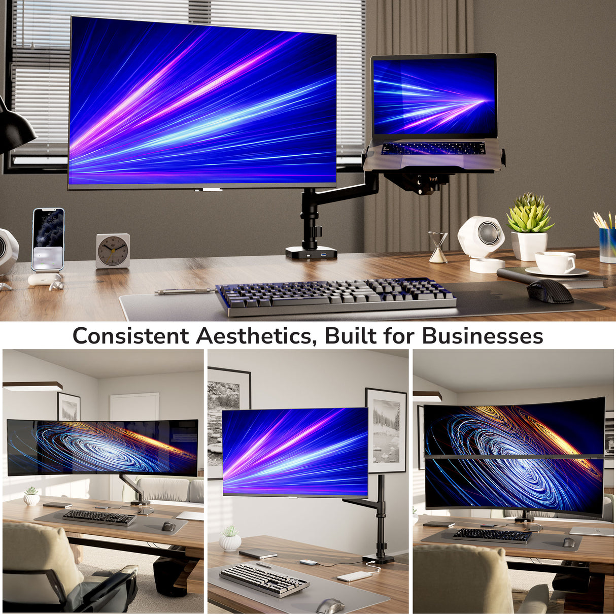 Mount-It! Heavy-Duty Monitor and Laptop Mount with Pole and Gas Spring Arms supports large monitors and laptops for ergonomic workspaces; modern desks are organized with sleek accessories. Text: Consistent Aesthetics, Built for Businesses. Multiple organizer setups displayed.