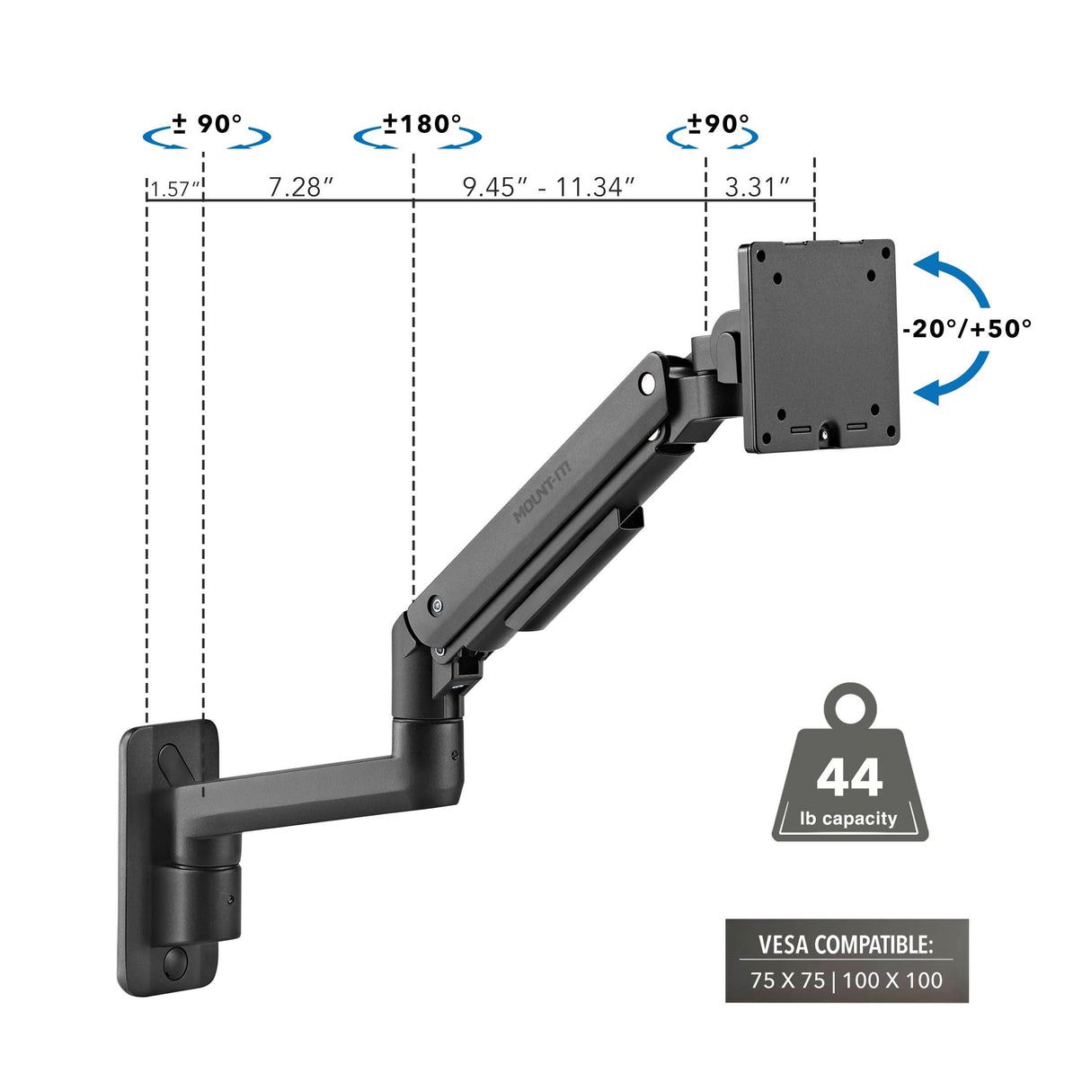 Heavy-Duty Monitor Wall Mount with Gas Spring Arm Heavy-Duty Monitor Wall Mount with Gas Spring Arm shown in matte black, featuring adjustable arm lengths from 1.57 to 11.34 inches, supporting tilt from -20° to +50°, swivel ±90°, and rotation ±180°, designed for monitors up to 44 pounds and compatible with VESA 75x75 and 100x100 mounting standards, ideal for ergonomic and space-saving setups.