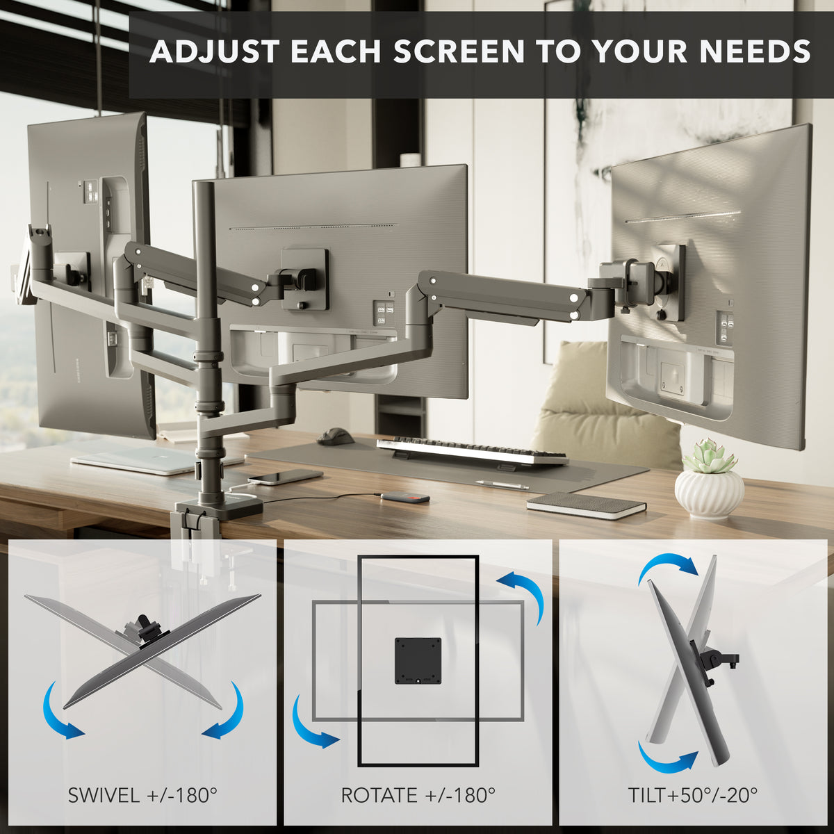 Heavy-Duty Triple Monitor Mount with Gas Spring Arms