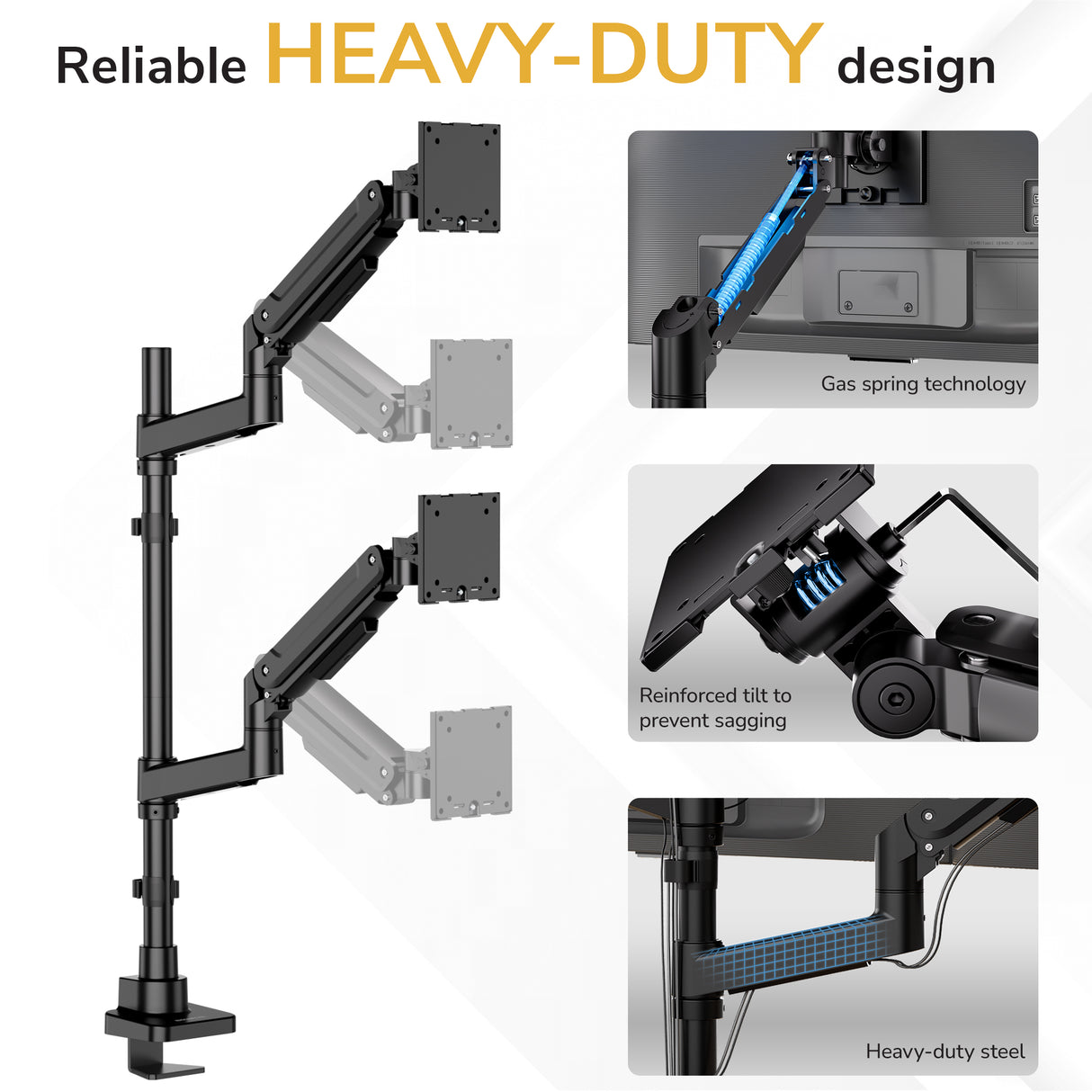 Diagram of the Mount-It! Heavy-Duty Dual Stacking Monitor Mount with adjustable arms—ideal for ergonomic desks. Insets show gas spring tech, reinforced tilt to prevent sagging, and sturdy steel build. Text: Reliable HEAVY-DUTY design.