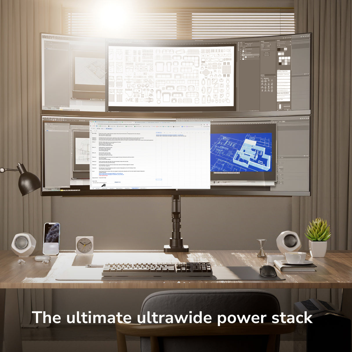 Multimonitor setup on a desk with text 'The ultimate ultrawide power stack'.