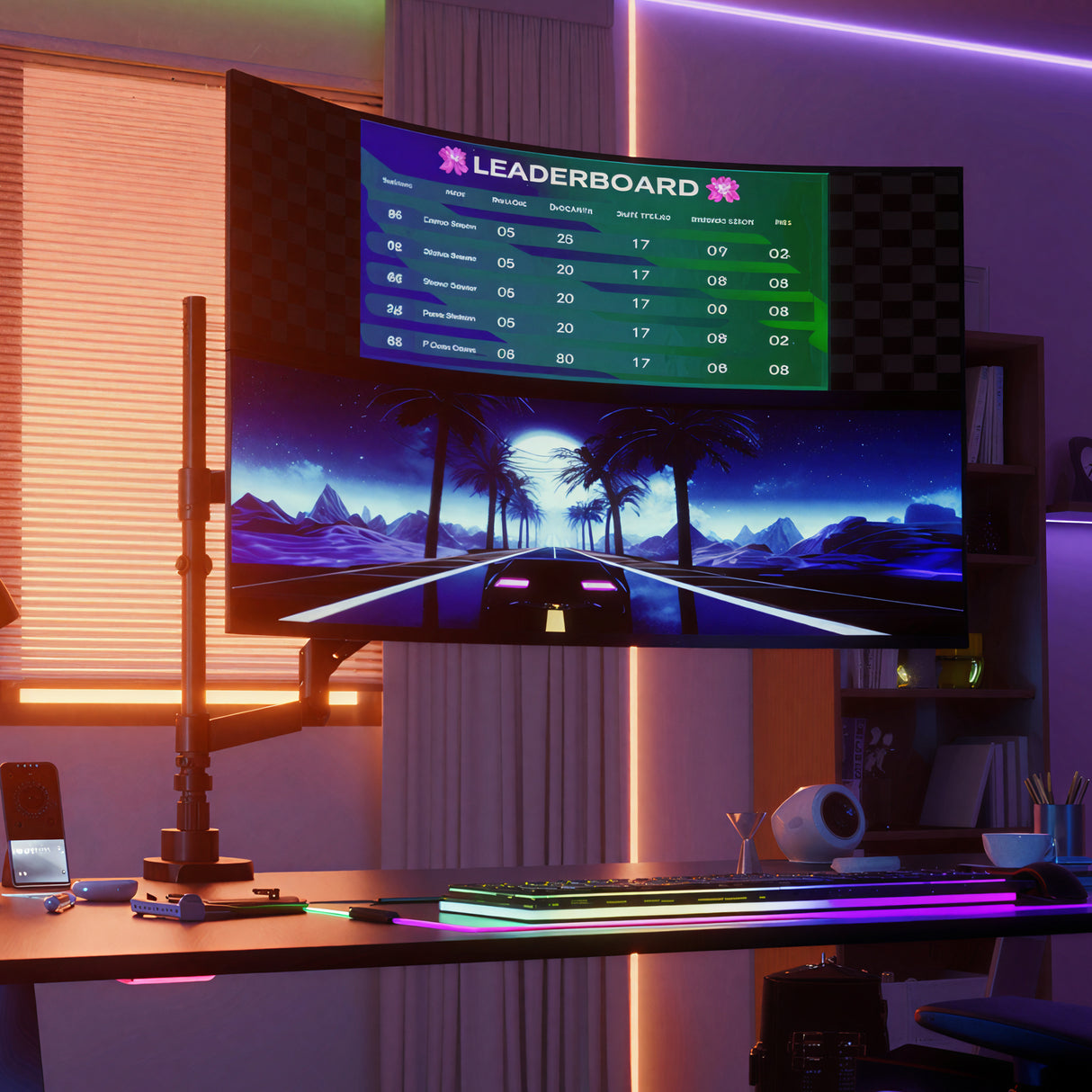 A Mount-It! Heavy-Duty Dual Stacking Monitor Mount supports a monitor displaying a neon racing game with a leaderboard in a vibrant gaming setup, complete with colorful LED lights, a keyboard, and desk accessories.
