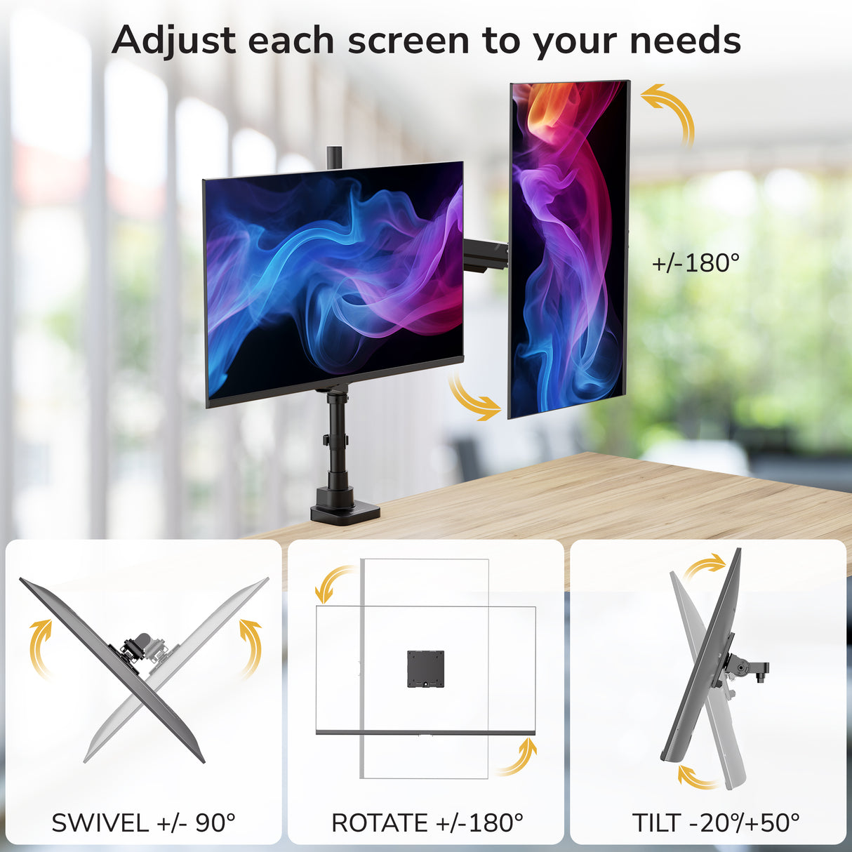 The Mount-It! Heavy-Duty Dual Stacking Monitor Mount supports a dual monitor setup with adjustable arms for landscape and portrait views, featuring swivel, rotate, and tilt capabilities to customize your ergonomic workspace.