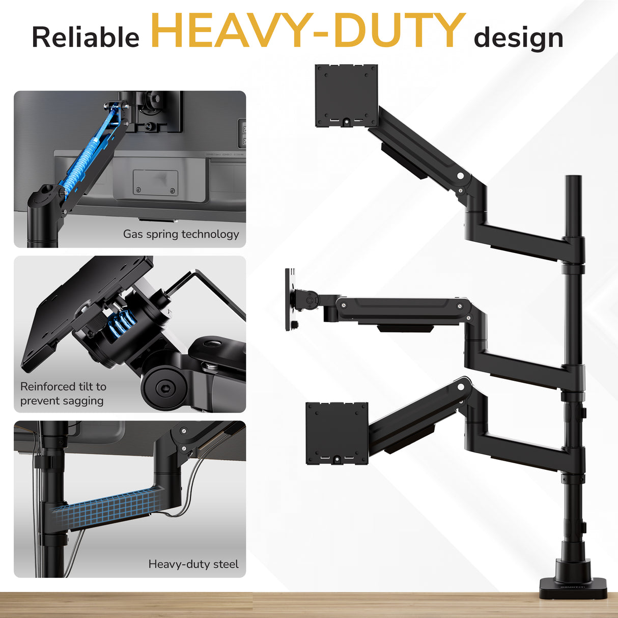 The Mount-It! Heavy-Duty Triple Monitor Mount features three gas spring arms, reinforced tilt, and steel construction—making it a reliable choice for ultrawide monitor setups.