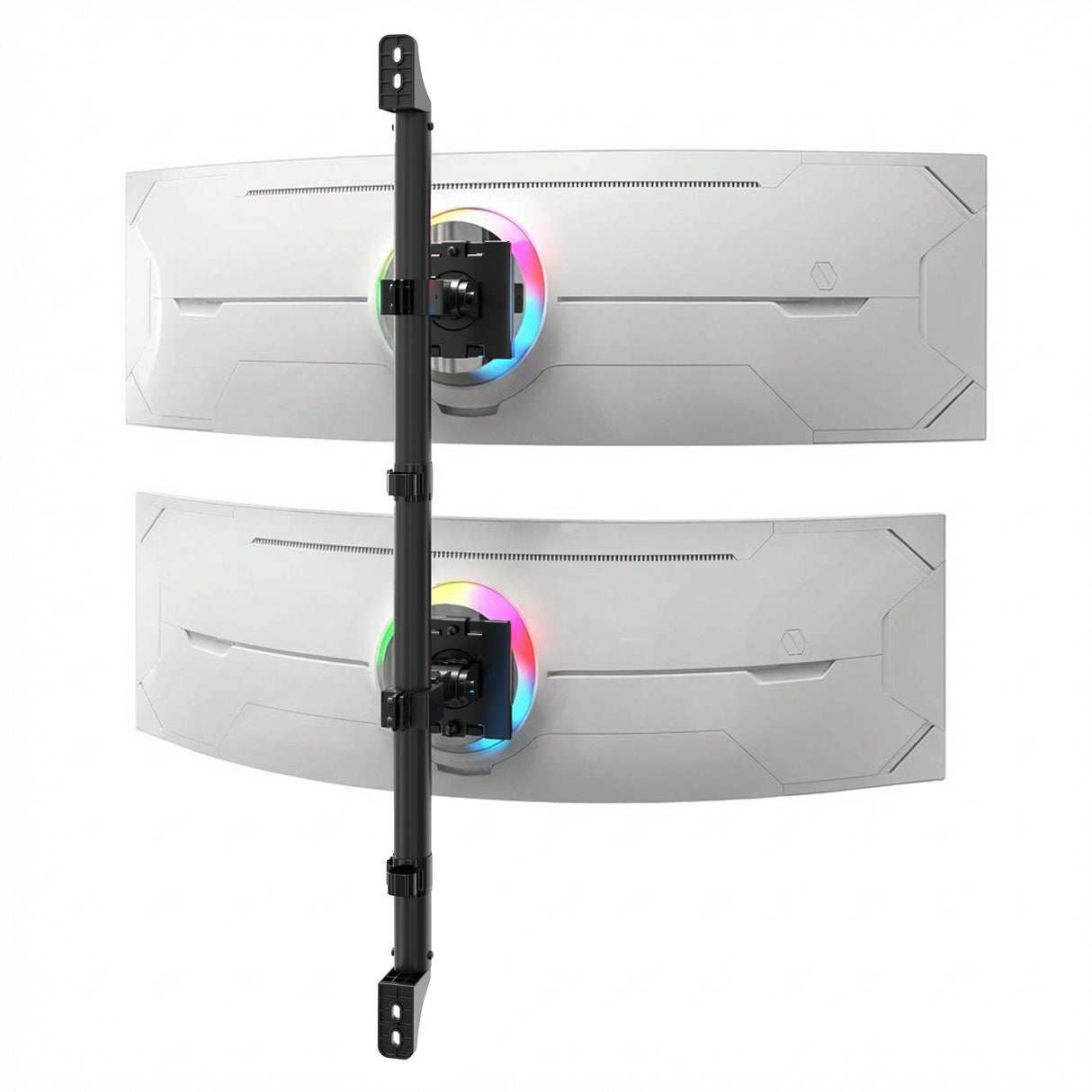 The Mount-It! Heavy-Duty Dual Stacked Monitor Wall Mount securely holds two curved, white RGB monitors in a vertical stacked setup, featuring VESA compatibility and a sleek design against a white background.