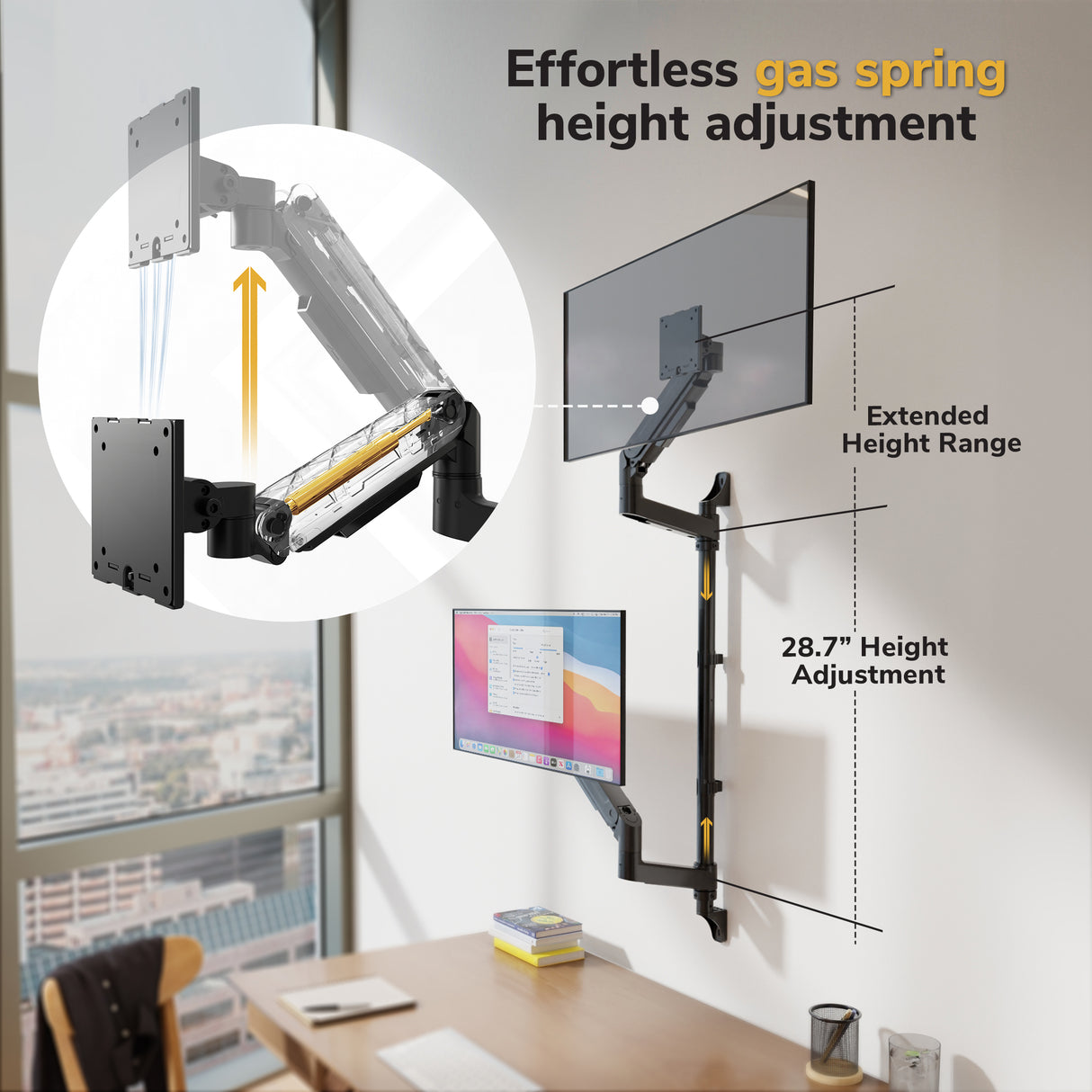 The Mount-It! Heavy Duty Dual Stacked Monitor Wall Mount with Gas Spring is installed on a wall above a desk by a window, supporting monitors with effortless height adjustment and an extended 28.7-inch adjustable height range.