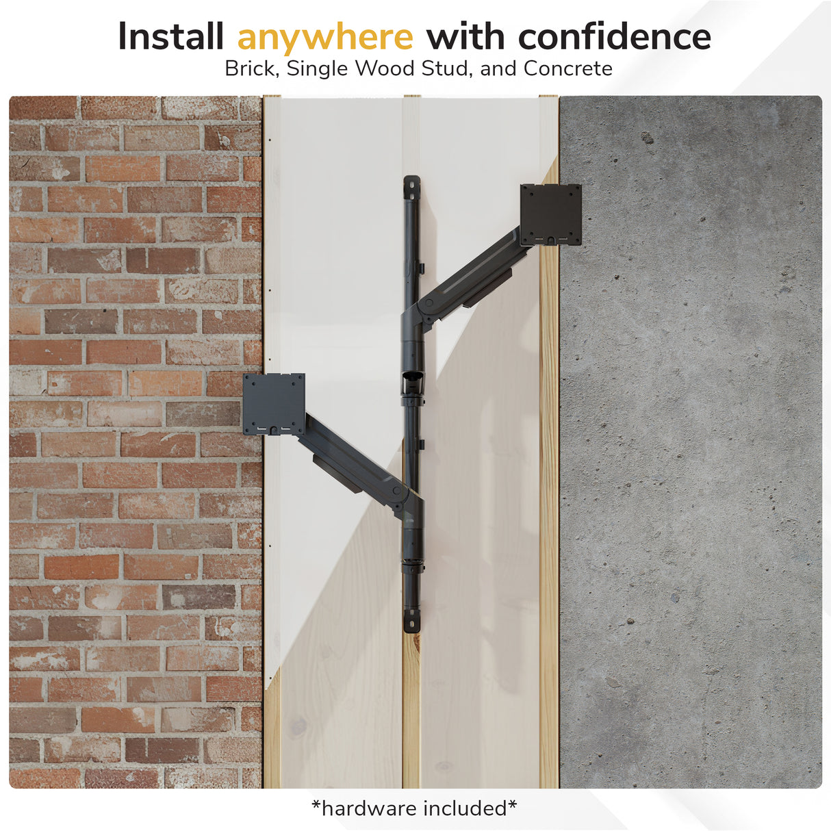 The Mount-It! Heavy Duty Dual Stacked Monitor Wall Mount with Gas Spring installs on brick, painted wood, and concrete. Hardware included—ideal for ultrawide or dual monitor setups on any wall.
