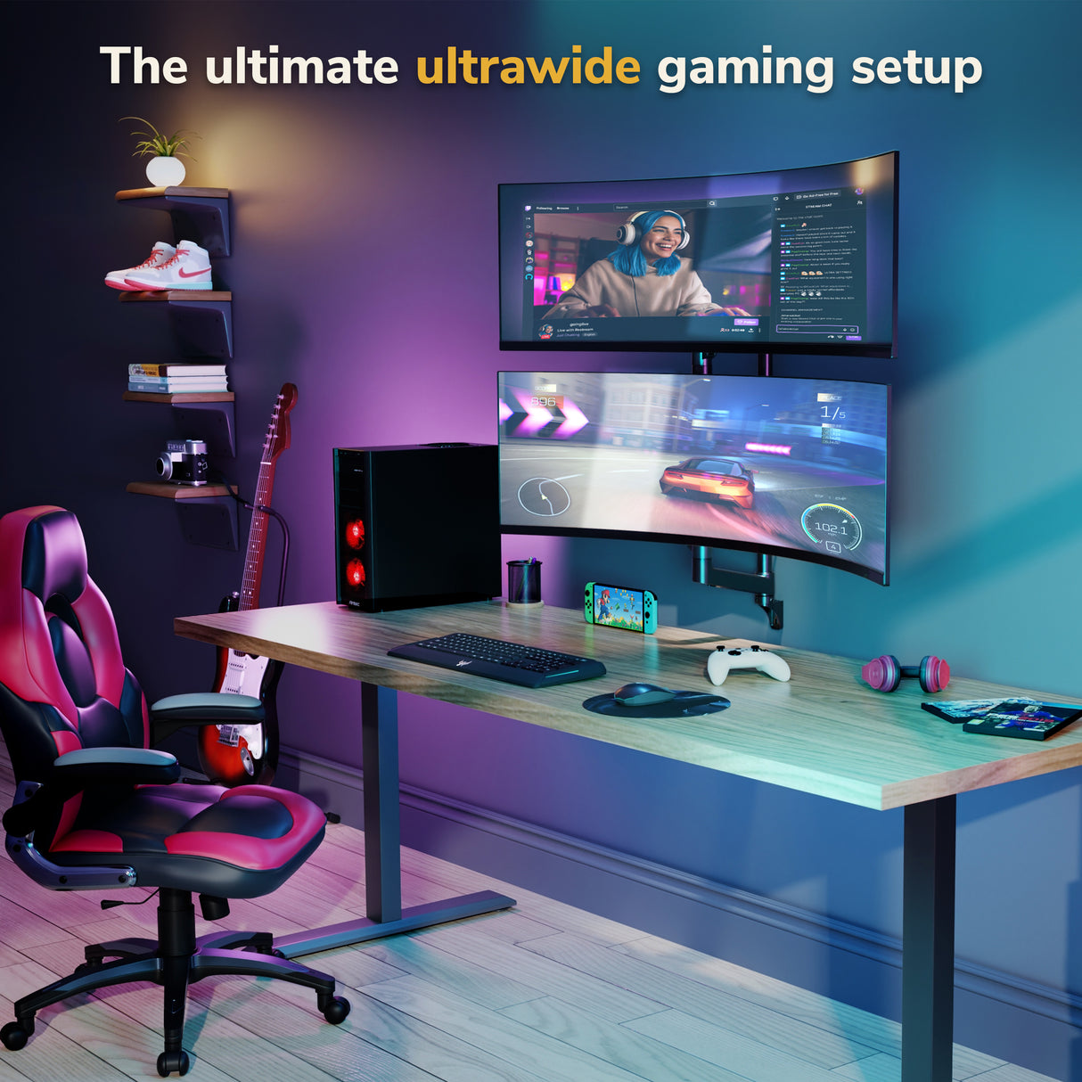 A modern gaming setup with two large curved monitors on the Mount-It! Heavy Duty Dual Stacked Monitor Wall Mount with Gas Spring, a gaming chair, desktop PC, keyboard, mouse, headphones, shelves for shoes, a plant, and a guitar. "The ultimate ultrawide gaming setup" appears above.