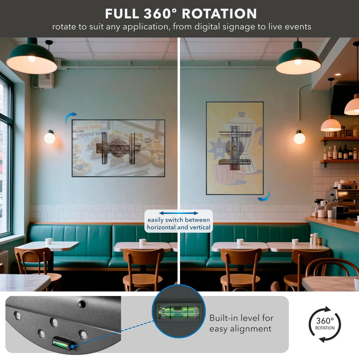 TV Wall Mount With Full 360 Degree Rotation In a café, the Mount-It! TV Wall Mount With Full 360 Degree Rotation switches between horizontal and vertical. An inset shows its built-in level for alignment, and text highlights the ultra low profile and 360° rotation features.