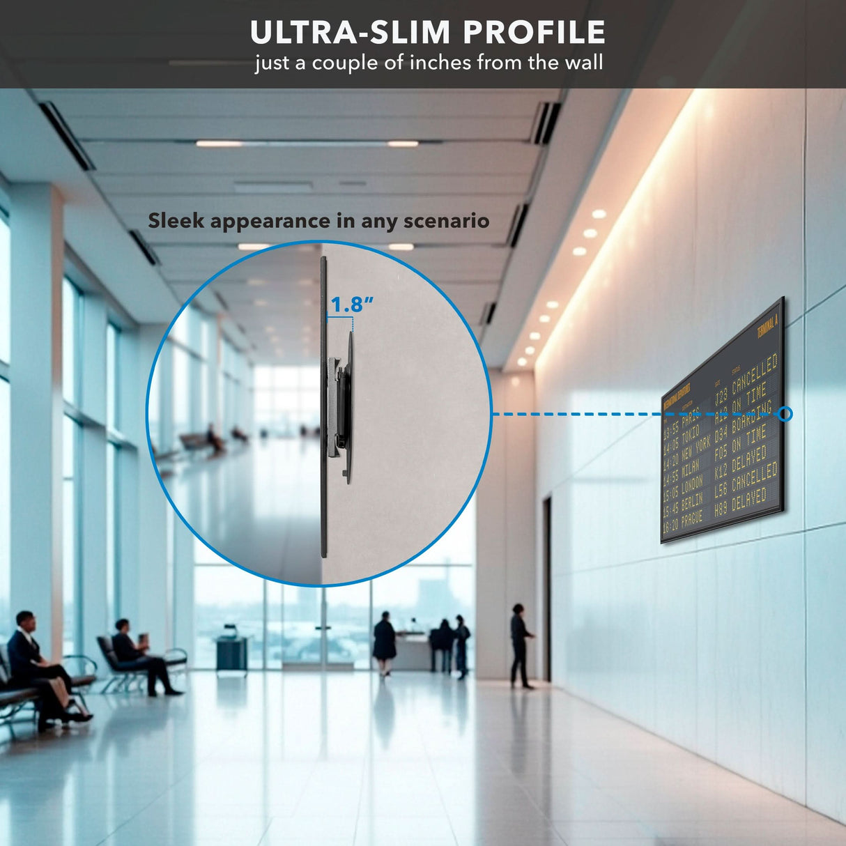 TV Wall Mount With Full 360 Degree Rotation A Mount-It! TV Wall Mount With Full 360 Degree Rotation holds a sleek digital display just 1.8 inches from the hallway wall, shown in close-up to emphasize its ultra-thin design as people sit and walk in the bright lobby.
