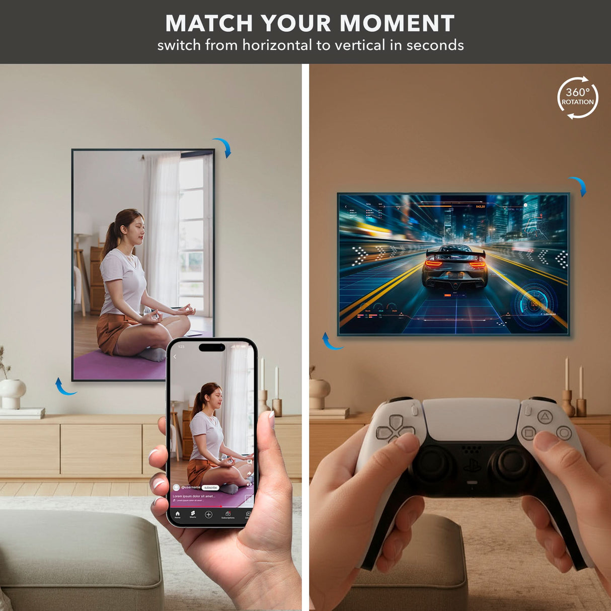 TV Wall Mount With Full 360 Degree Rotation Split image: Left shows a woman meditating on vertical TVs and phone, all mounted using the Mount-It! TV Wall Mount With Full 360 Degree Rotation; right highlights gaming on a horizontal TV, showcasing the mount’s 360° rotating feature.