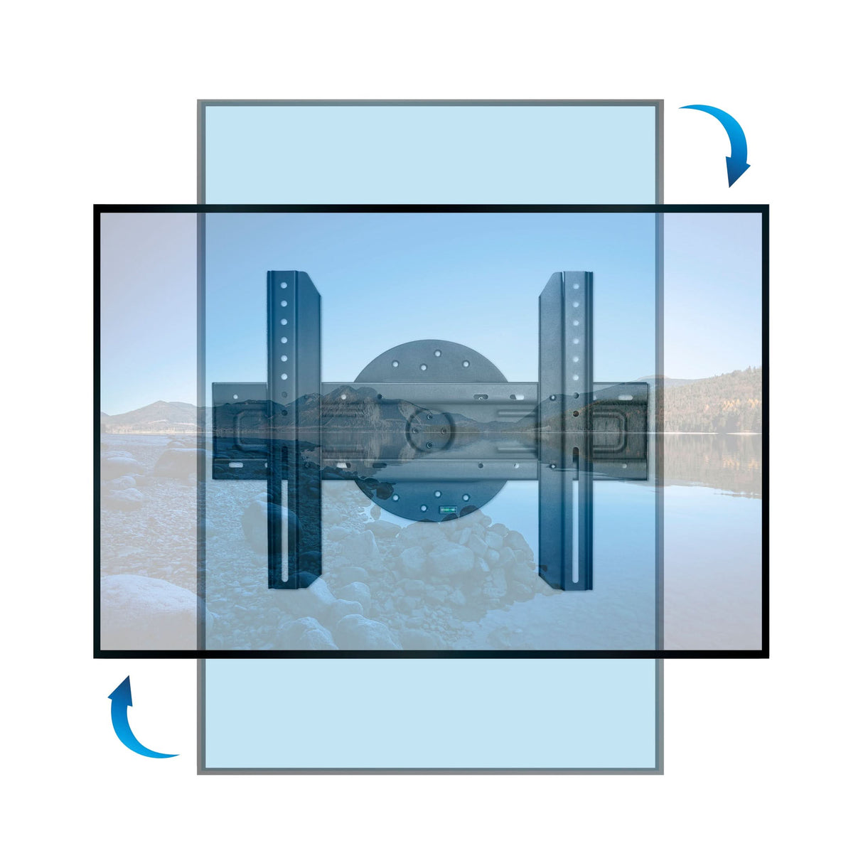 TV Wall Mount With Full 360 Degree Rotation The Mount-It! TV Wall Mount With Full 360 Degree Rotation is shown with blue arrows highlighting its swivel capabilities, set against a backdrop of a lake and mountains.