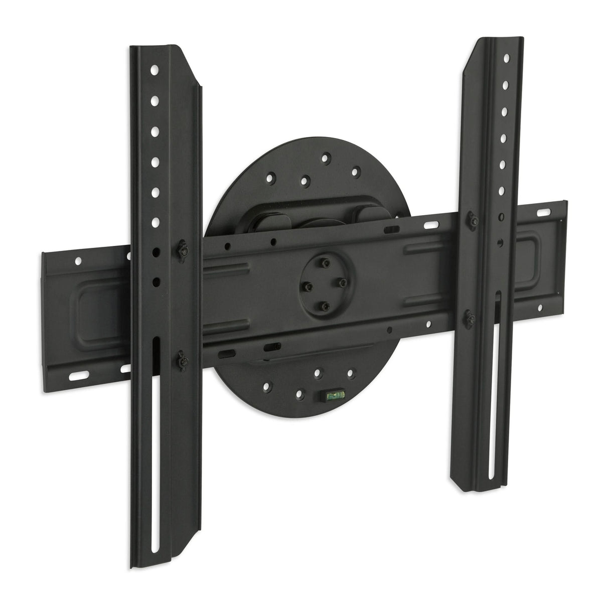 TV Wall Mount With Full 360 Degree Rotation The Mount-It! TV Wall Mount With Full 360 Degree Rotation is a black, ultra low-profile bracket for flat-screen TVs, with two vertical rails, a horizontal base plate, multiple screw holes, and a built-in green level at the bottom center.