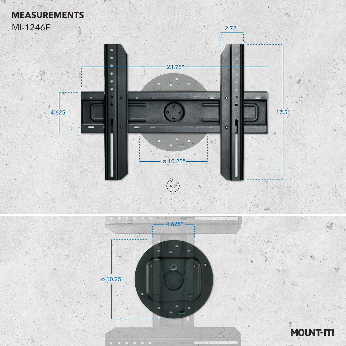TV Wall Mount With Full 360 Degree Rotation Top and front view of the Mount-It! TV Wall Mount With Full 360 Degree Rotation in black, showing labeled measurements (23.75, 17.5, 10.25, 2.72) and an ultra low profile design against a gray textured wall with Mount-It! branding.