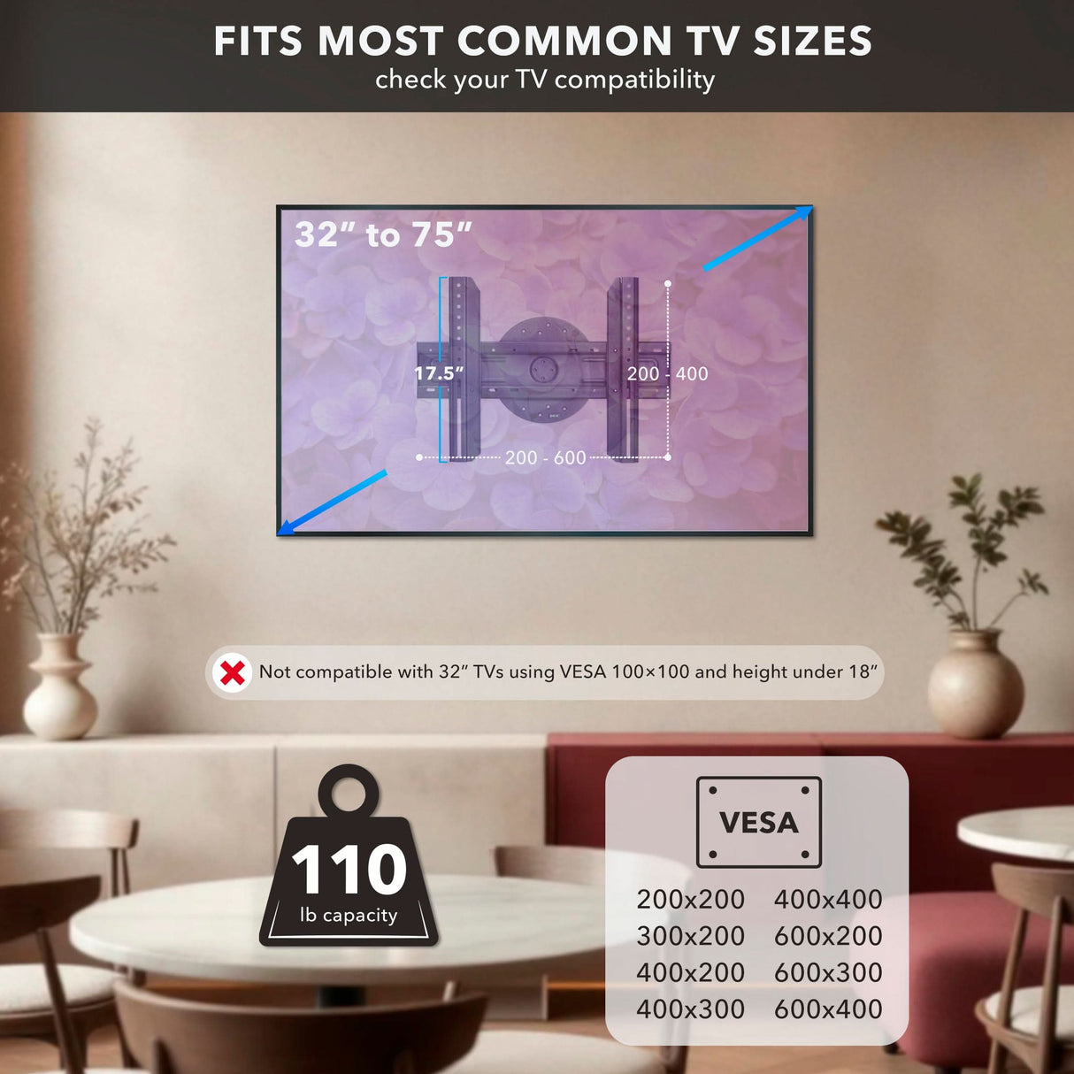 TV Wall Mount With Full 360 Degree Rotation The Mount-It! TV Wall Mount With Full 360 Degree Rotation is shown in a modern living room, offering an ultra low profile, 360° rotation, support for 32–75" TVs, VESA 200x200–600x400 compatibility, and a sturdy 110 lb weight limit.
