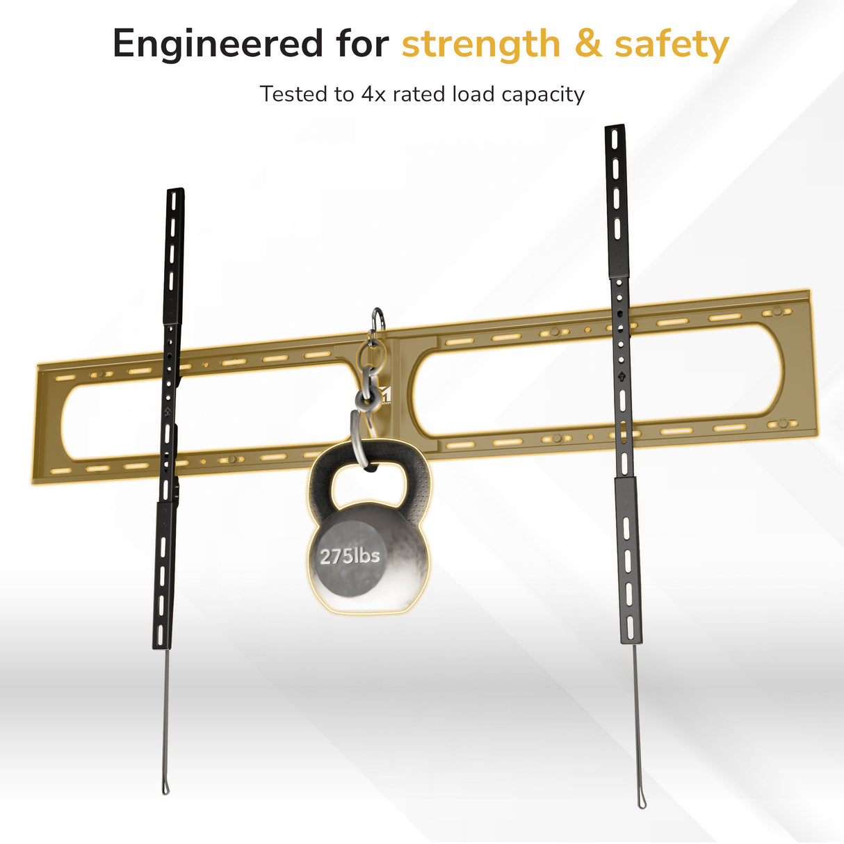 Mount-It! Heavy-Duty XXL Fixed TV Wall Mount holds a 275-pound kettlebell, showcasing its strength. Text above reads: Engineered for strength & safety. Tested to 4x rated load capacity. White background with subtle geometric lines.