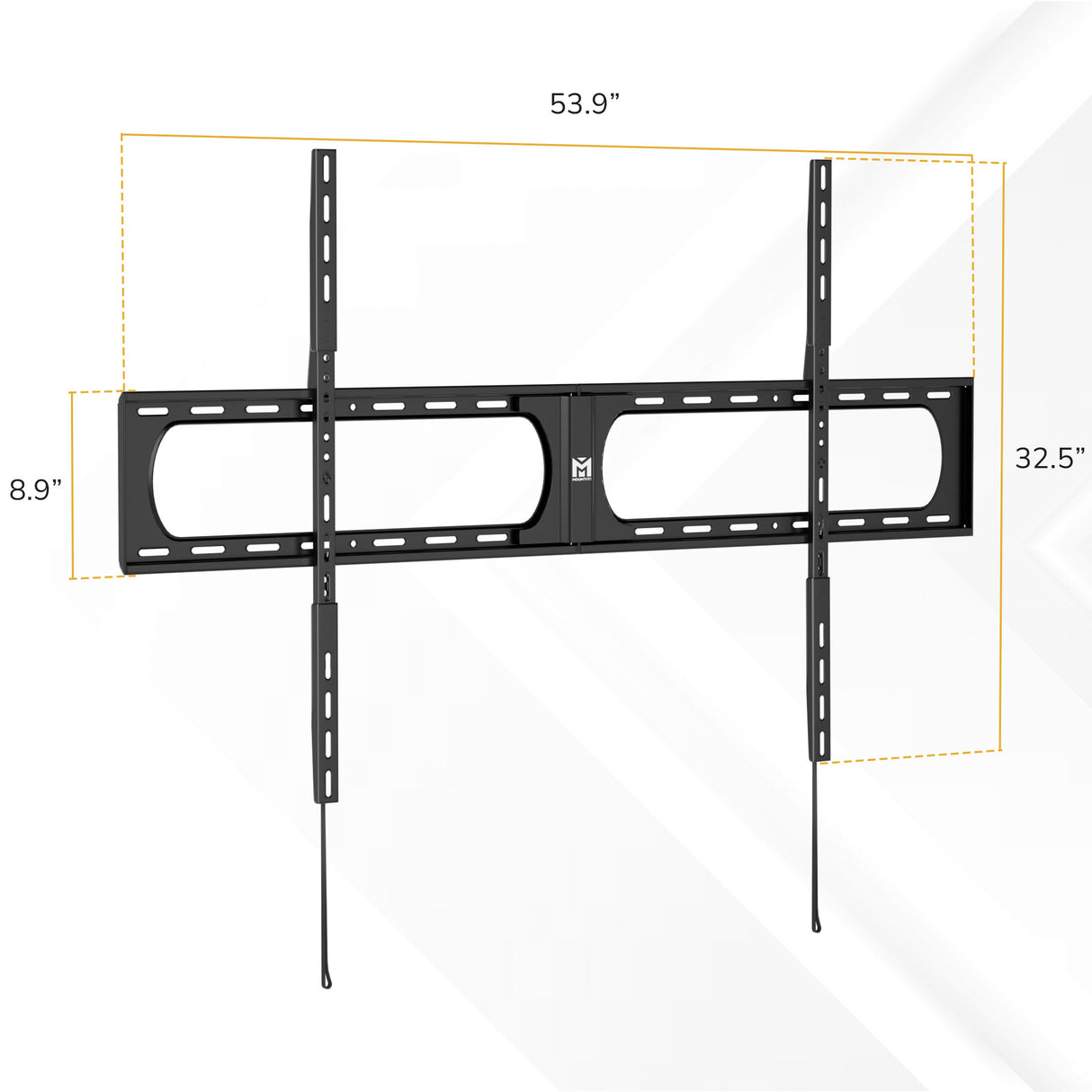 The Mount-It! Heavy-Duty XXL Fixed TV Wall Mount features two vertical supports, a horizontal frame, and measures 53.9" wide x 32.5" tall x 8.9" high, with orange dotted lines highlighting its ultra-large size.