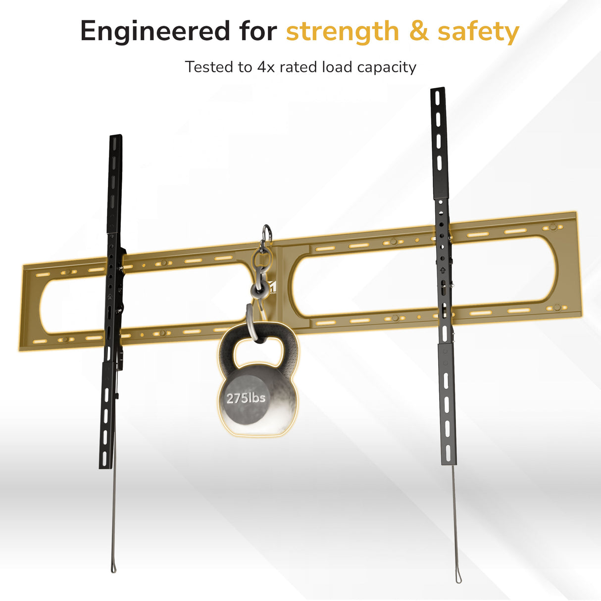 TV mount with a 275lb kettlebell attached, showcasing strength and safety features.