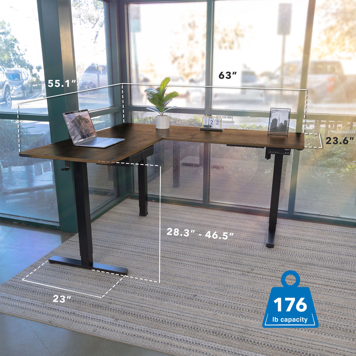 Large Electric Height Adjustable Corner Standing Desk Large Electric Height Adjustable Corner Standing Desk with a spacious 3-piece rustic oak tabletop measuring 63" by 55.1" with 23.6" depth, supported by a sturdy steel frame. Features dual motor height adjustment from 28.3" to 46.5" for ergonomic sit-stand use, accommodates up to 176 lbs, designed for corner placement with a clean, modern aesthetic in a bright room.