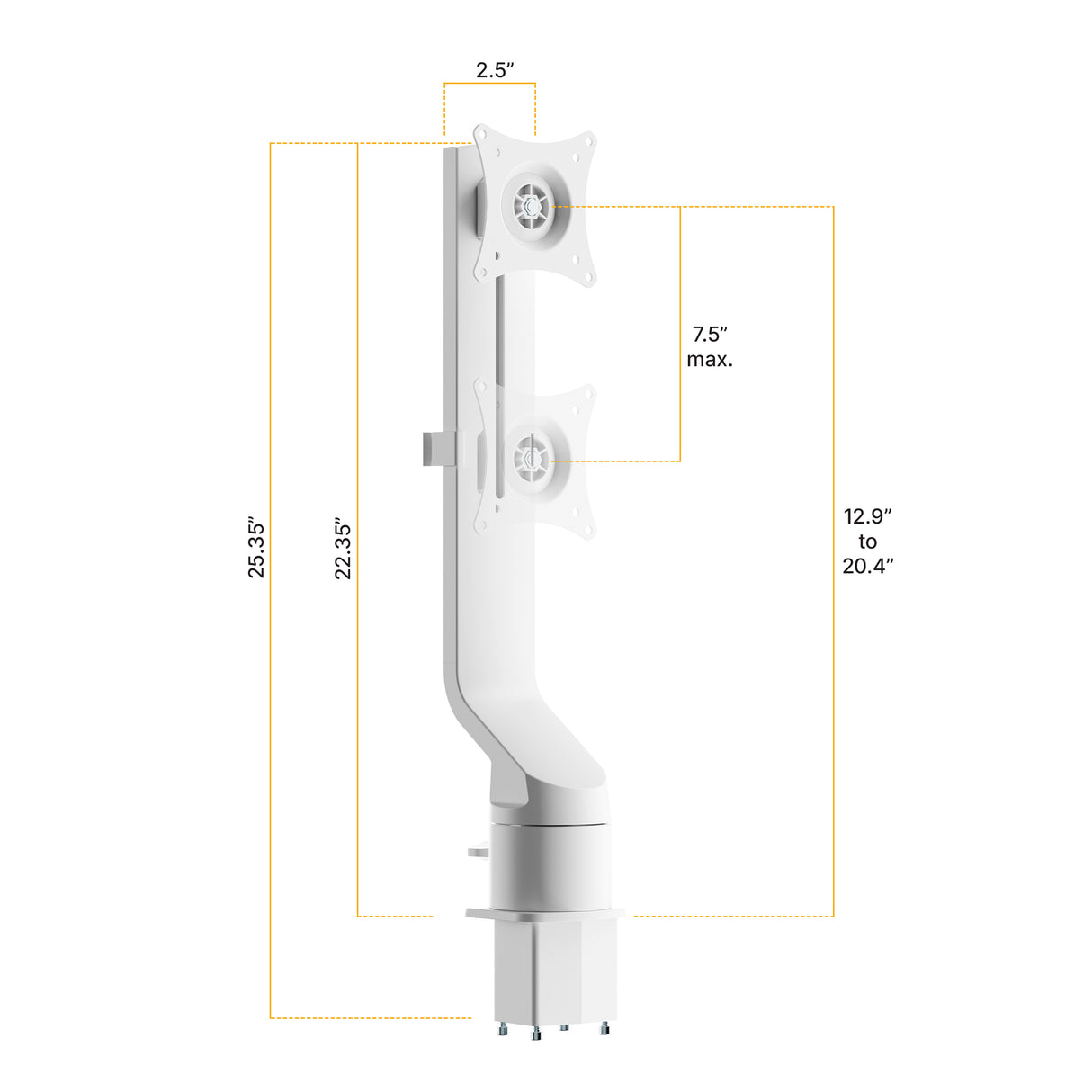 Side view of the Mount-It! MedHub Swivel Monitor Mount in white, featuring 25.35” total height, 22.35” adjustable arm height, 2.5” arm width, 7.5” max mount distance, and a mounting height range of 12.9” to 20.4”.