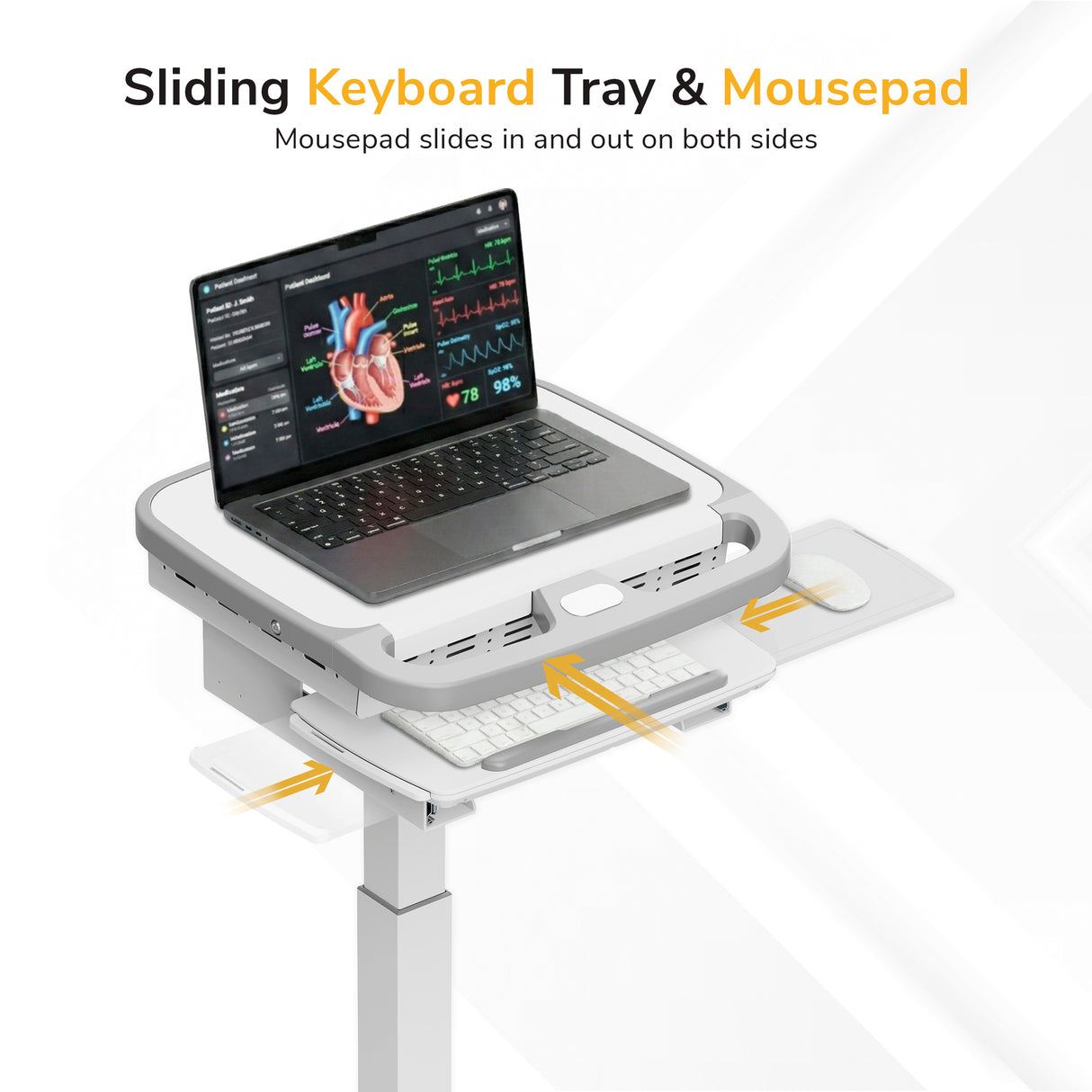 A MedHub Compact Mobile Workstation by Mount-It! holds a laptop showing medical data. Its white frame has a sliding keyboard tray and mousepad on both sides, with yellow arrows marking these features. Locking casters offer easy mobility.