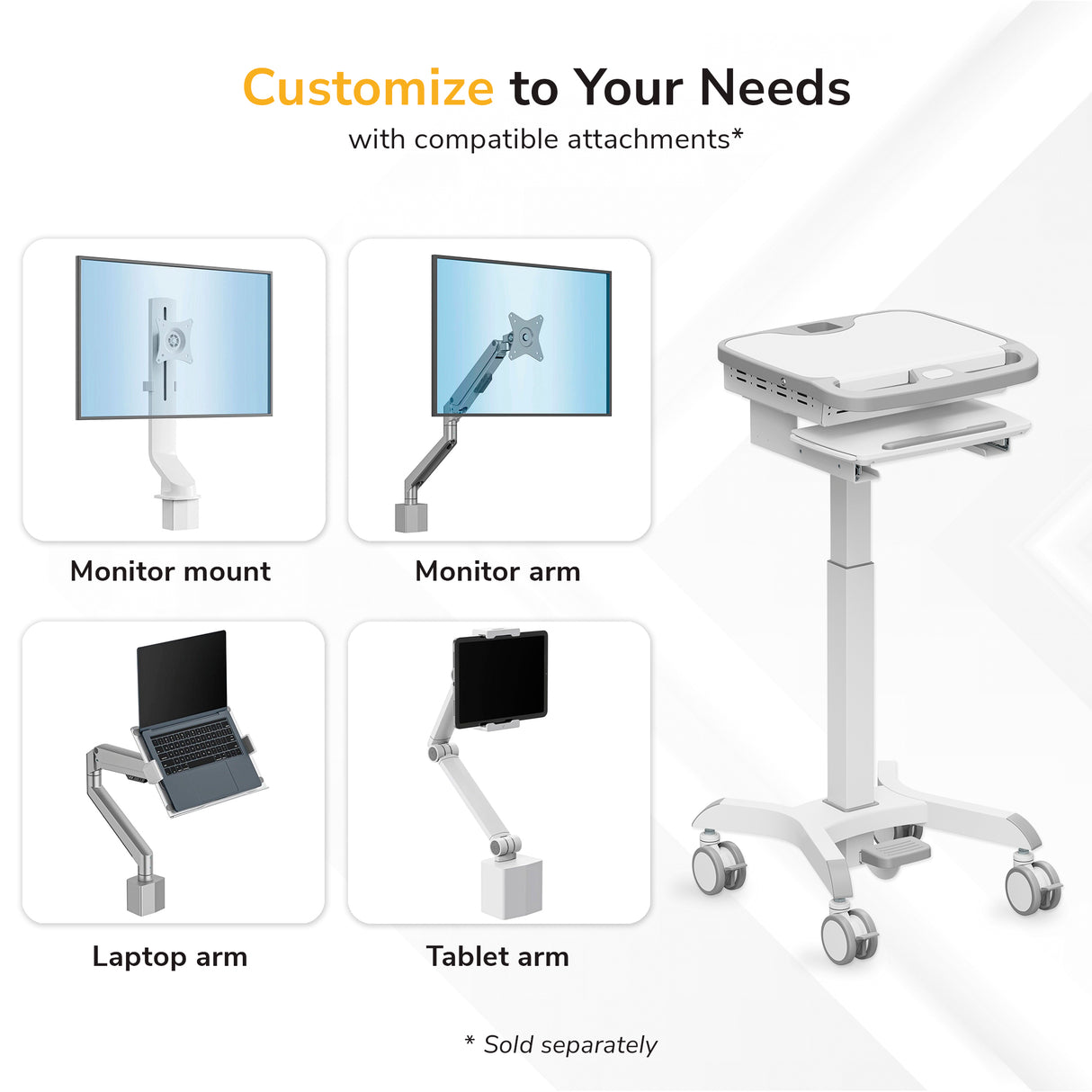 The Mount-It! MedHub Compact Mobile Workstation offers adjustable features, locking casters, and customizable options with compatible attachments—monitor mount, monitor arm, laptop arm, or tablet arm—each labeled. Attachments sold separately.