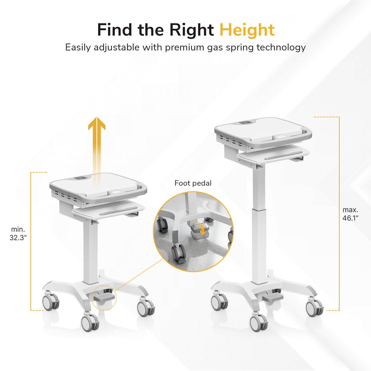 The Mount-It! MedHub Compact Mobile Workstation features wheels with locking casters, a foot pedal for gas spring height adjustment from 32.3” to 46.1”. Shown at both heights with text: Find the Right Height.