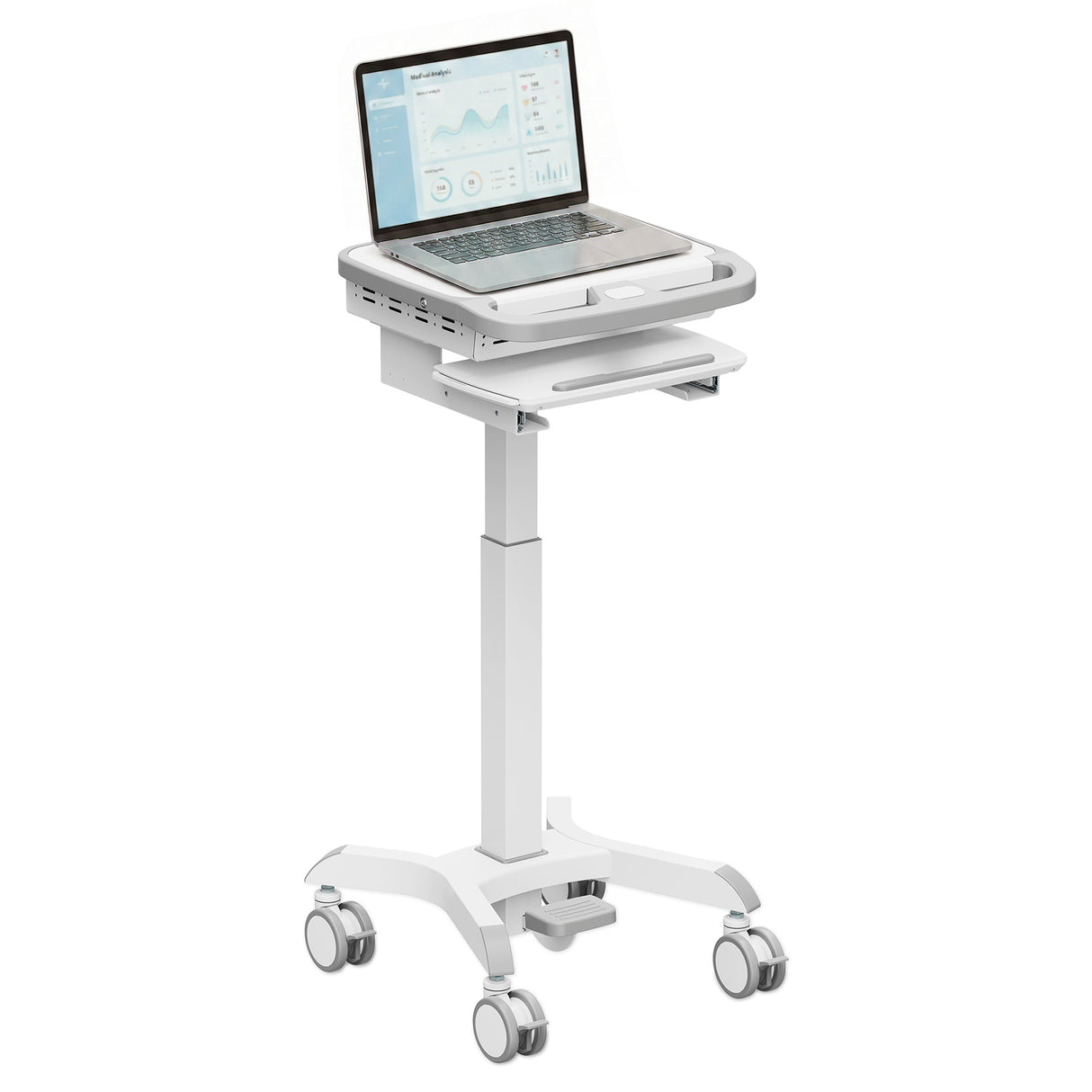 The Mount-It! MedHub Compact Mobile Workstation features locking casters, a flat work surface, small pull-out tray, and adjustable height—ideal for clinical or hospital use. Shown with an open laptop displaying charts and data.