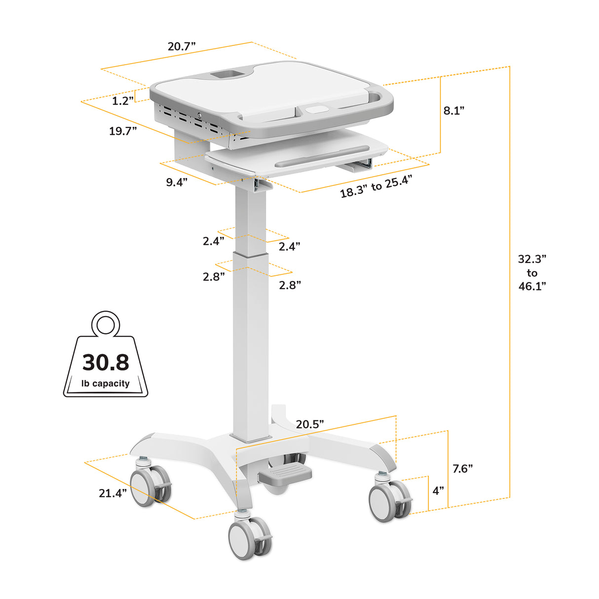 The Mount-It! MedHub Compact Mobile Workstation is a white adjustable cart with a tray, supports up to 30.8 lbs, features detailed inch measurements, and includes four locking casters for stability.