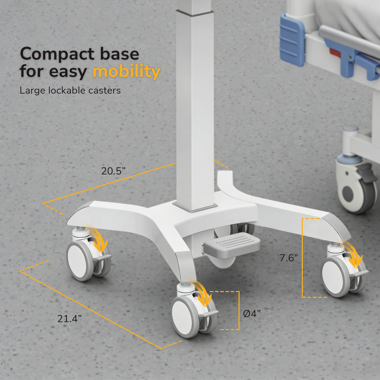 The Mount-It! MedHub Compact Mobile Workstation is shown on a gray floor, featuring four large locking casters. Labels indicate the base and wheel sizes. Part of a hospital bed is visible, with text highlighting its compact, mobile design.