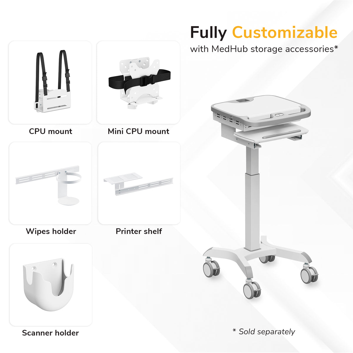 The Mount-It! MedHub Motorized Mobile Workstation features locking casters, a technology enclosure, and customizable storage options like CPU/mini CPU mounts, wipes holder, printer shelf, and scanner holder.