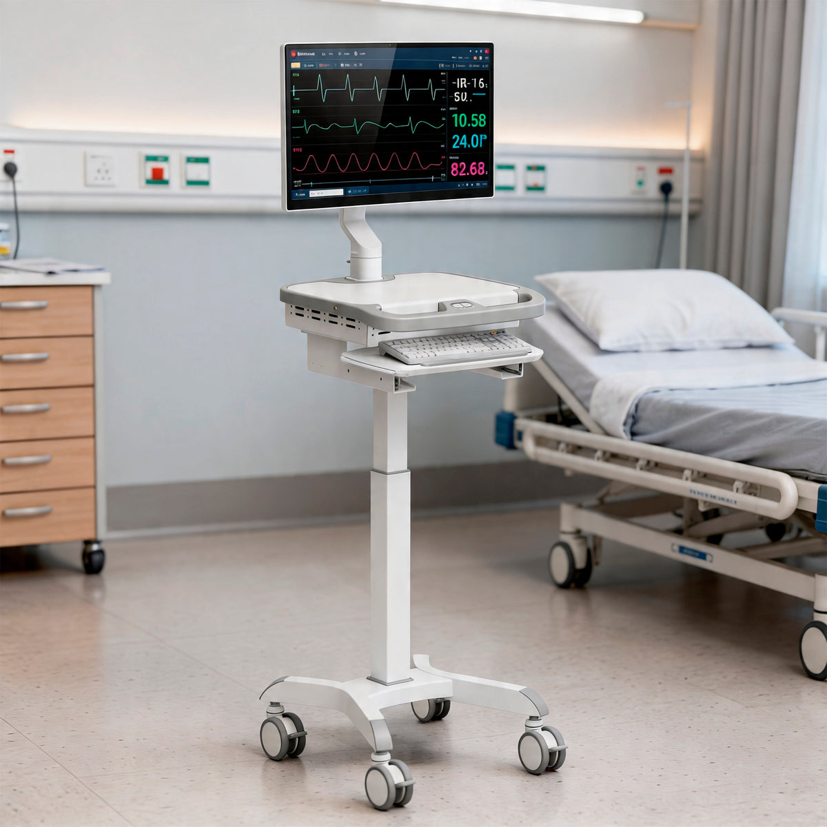 The Mount-It! MedHub Motorized Mobile Workstation, equipped with locking casters, monitor, keyboard, compartments, and tech enclosure, stands beside a hospital bed in an organized patient room.