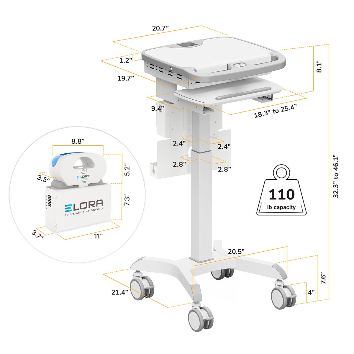 MedHub Motorized Mobile Workstation - Powered