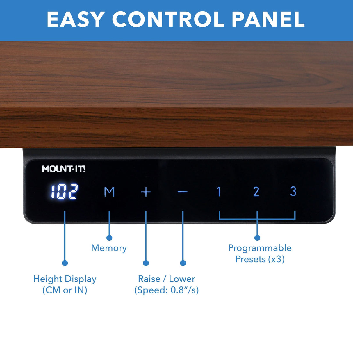 Electric Standing Desk with 55" Tabletop - White Base Close-up of the easy-to-use control panel for the Electric Standing Desk with 55" Tabletop - White Base by Mount-It!, showing a digital height display in centimeters or inches, memory button, raise and lower buttons with adjustable speed, and three programmable preset buttons for customized sitting and standing heights.