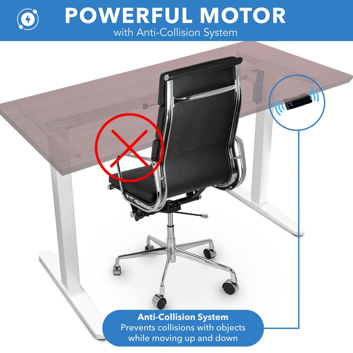Electric Standing Desk with 55" Tabletop - White Base Image showing the Electric Standing Desk with 55" Tabletop and White Base featuring a powerful motor with an anti-collision system designed to prevent collisions with objects such as the office chair when adjusting height, highlighting safe and smooth operation between sitting and standing positions using the touch control panel.