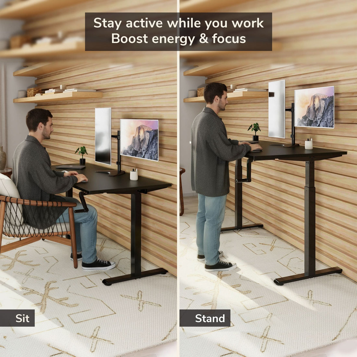 Hand Crank Standing Desk with 55" Tabletop - Black Base Hand Crank Standing Desk with 55" Tabletop - Black Base