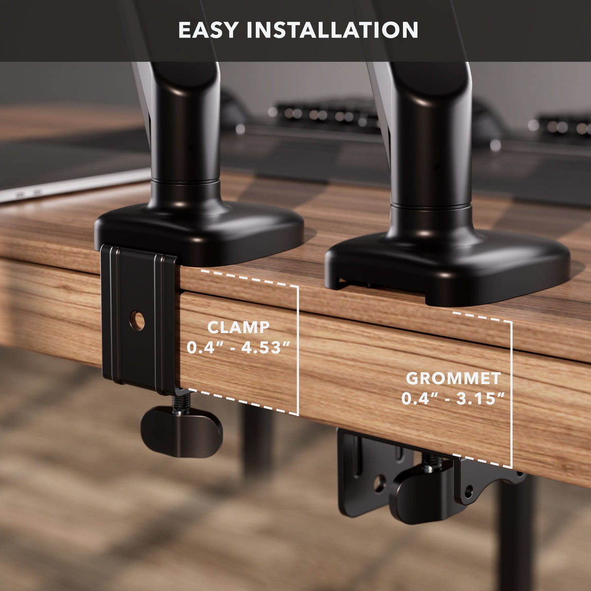 Single Monitor Desk Mount with Gas Spring Arm Close-up of two Mount-It! Single Monitor Desk Mounts with gas spring arms attached to a wooden desk, showing both clamp and grommet installation options with labeled measurements. Text above reads EASY INSTALLATION.