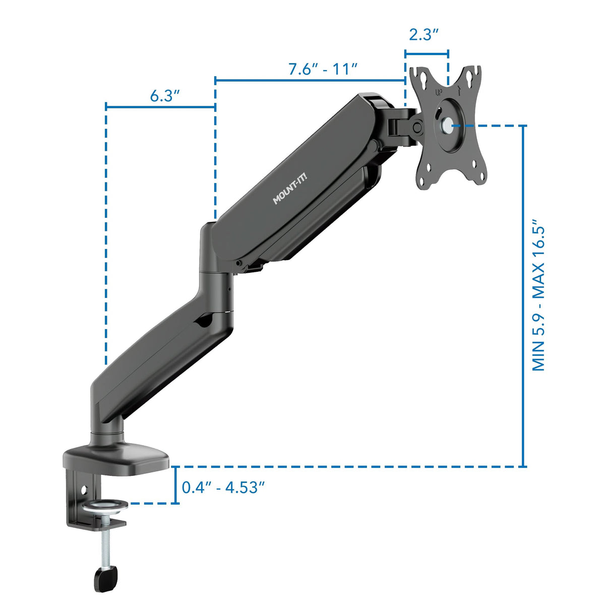 Single Monitor Desk Mount with Gas Spring Arm The Mount-It! Single Monitor Desk Mount with Gas Spring Arm features an adjustable black ergonomic arm (length 7.6–11"), vertical range of 5.9–16.5", base clamp 0.4–4.53", top segment 6.3", and a mounting plate 2.3" wide for versatile workspace comfort.