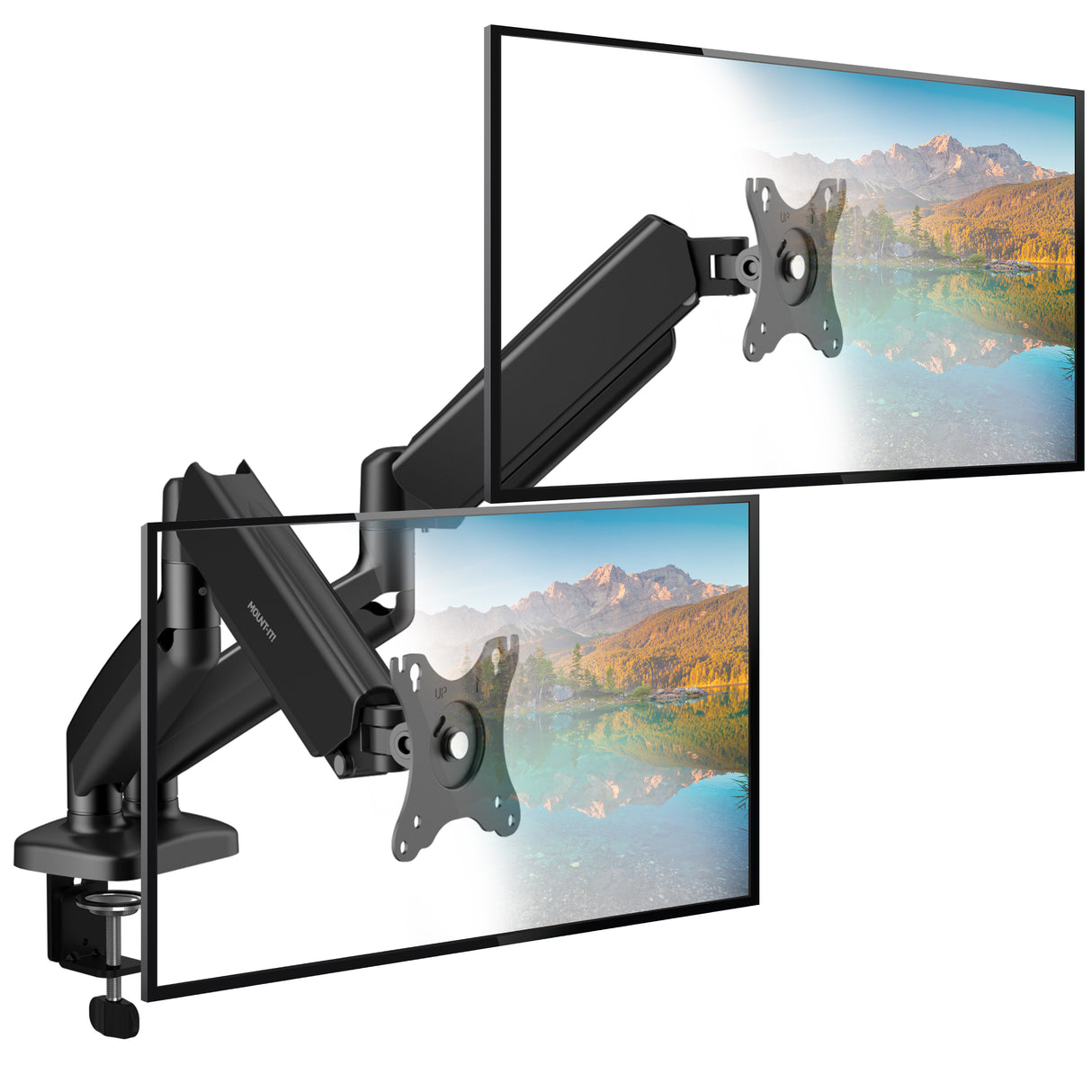 The Mount-It! Dual Monitor Desk Mount with Gas Spring Arms supports two flat-screen monitors side by side, features full motion and adjustable arms, integrated cable management, and clamps securely to the desk edge for flexible positioning.