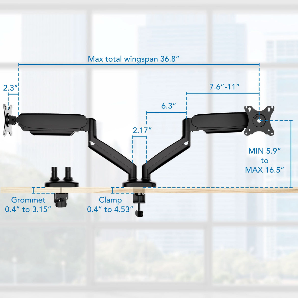 Dual Monitor Desk Mount with Gas Spring Arms Diagram of the Mount-It! Dual Monitor Desk Mount with Gas Spring Arms, showing adjustable arms with min/max height, grommet and clamp mounting options with desk thickness limits, and built-in cable management.